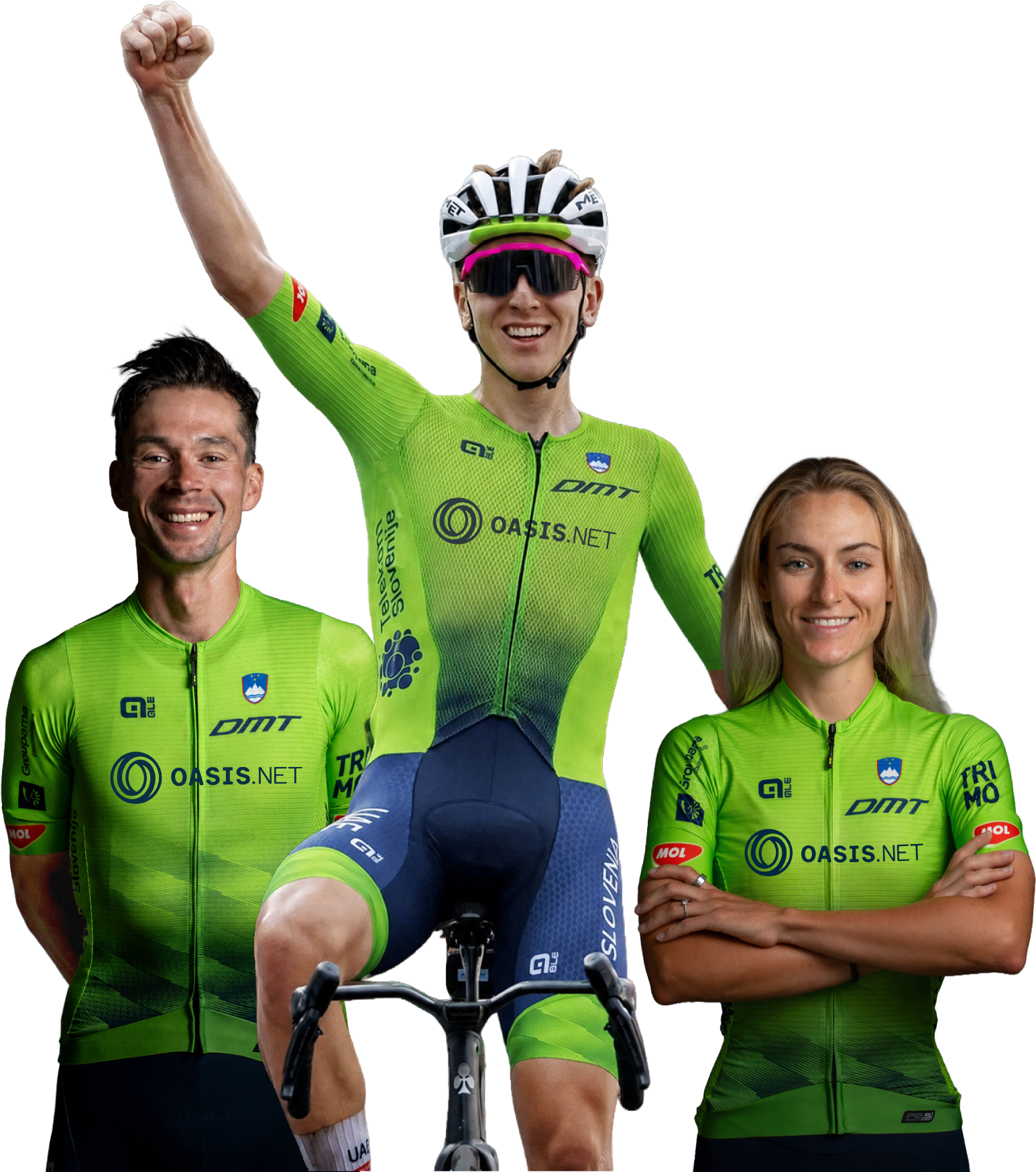 Tadej Pogačar, Primož Roglič, and Urška Žigart — Slovenian Cycling Federation riders
